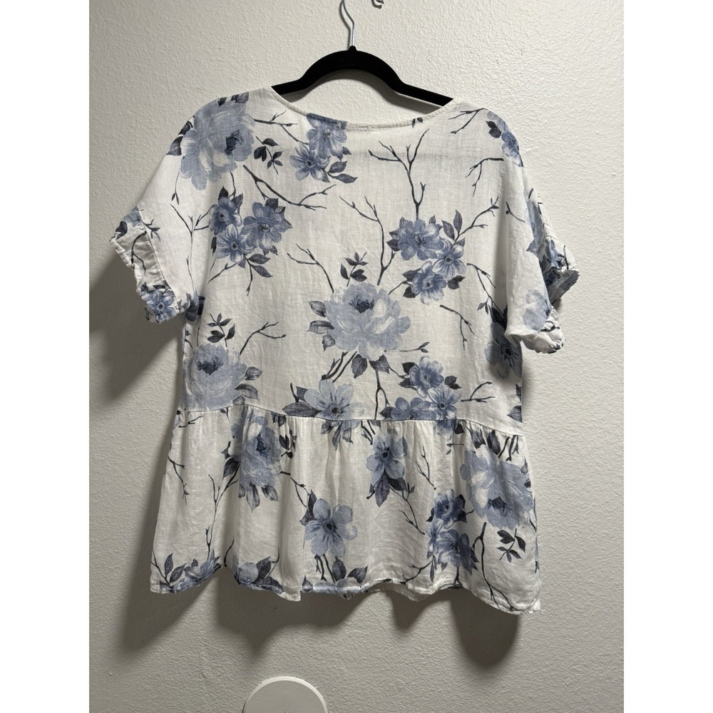 Lungo L'arno Linen Top Blouse Blue Floral Ruffle Sleeve Peplum Size Medium - Picture 2 of 7